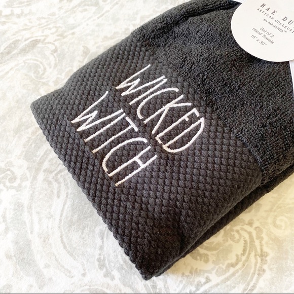 RAE DUNN Wicked Witch & Handsome Devil Hand Towel Set Black White Embroidered - Picture 5 of 6